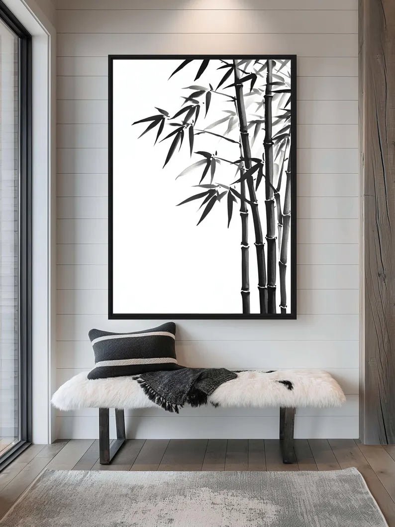 Minimalist Bamboo Ink Art Framed Canvas