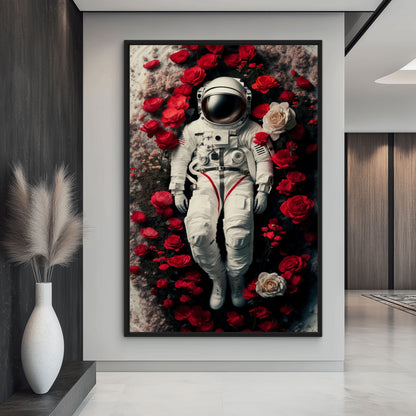 Astronaut In Flowers Framed Canvas