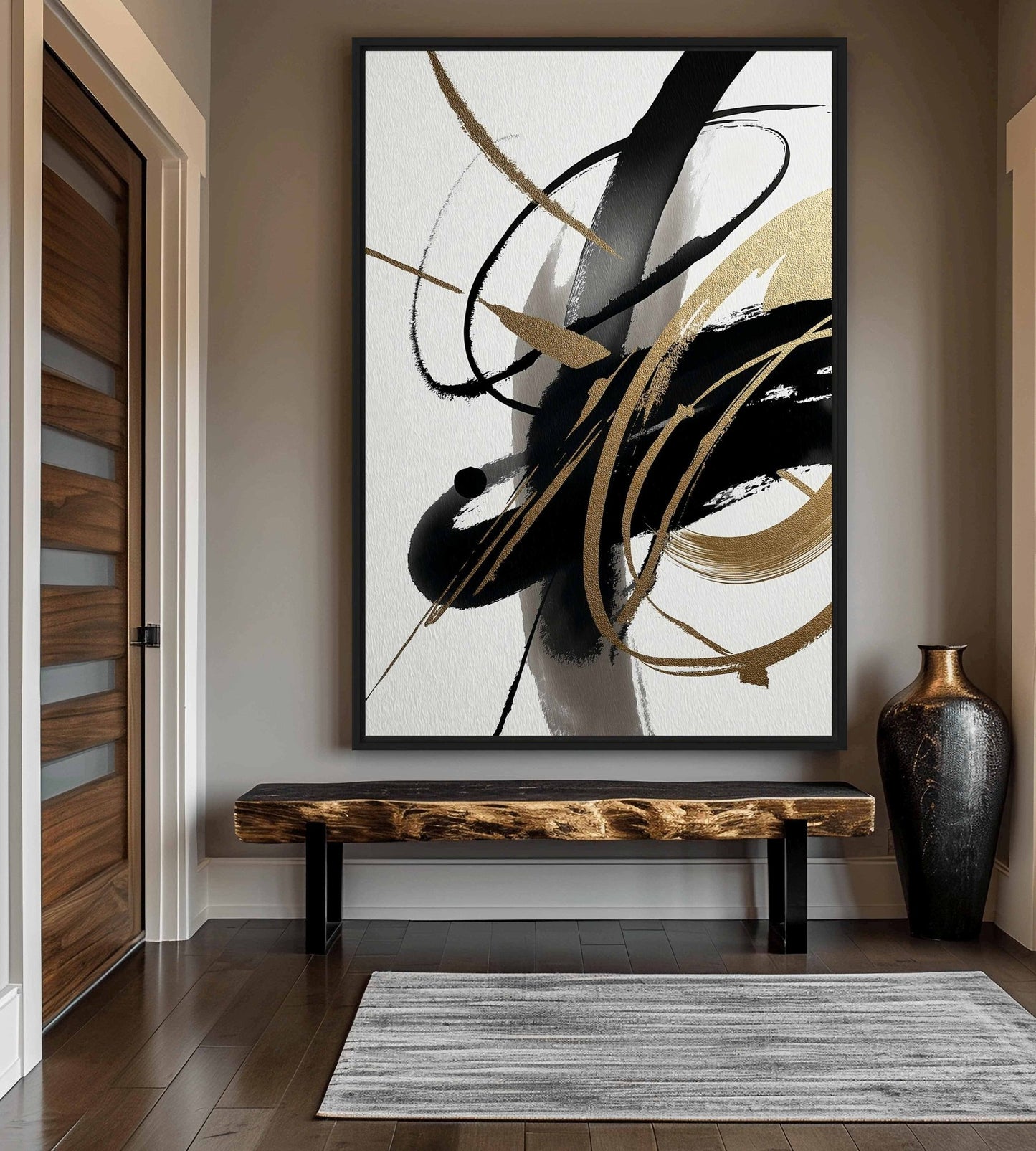 Black White Gold Abstract Art Framed Canvas