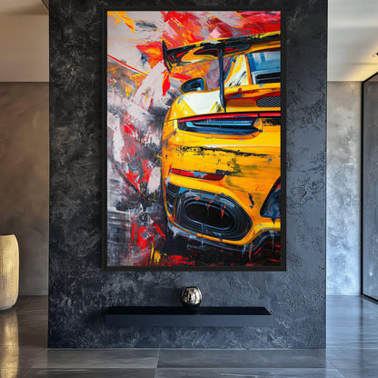 Yellow Sports Car Modern Art Framed Canvas