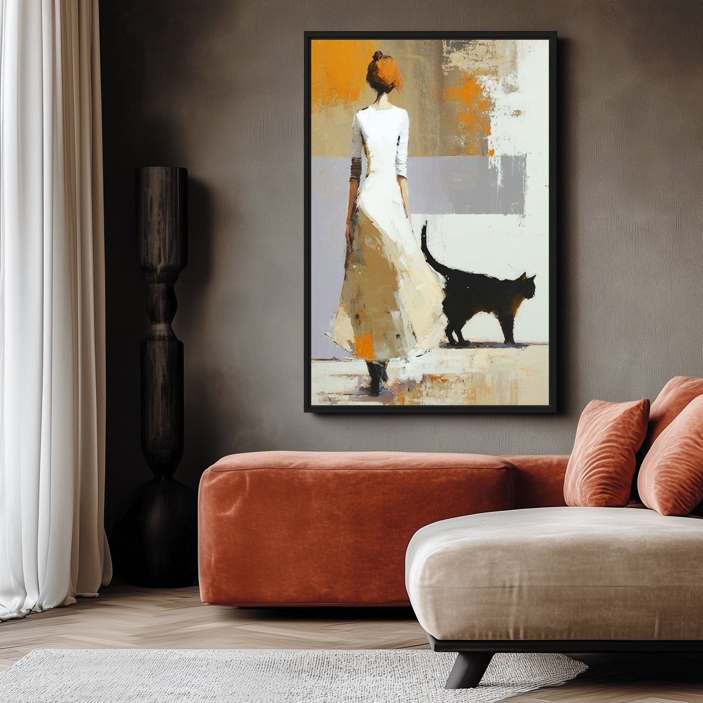 Woman with Black Cat Modern Art Framed Canvas