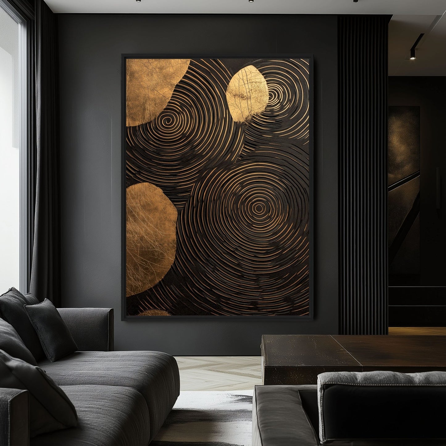 Spiral Black and Gold Modern Art Framed Canvas