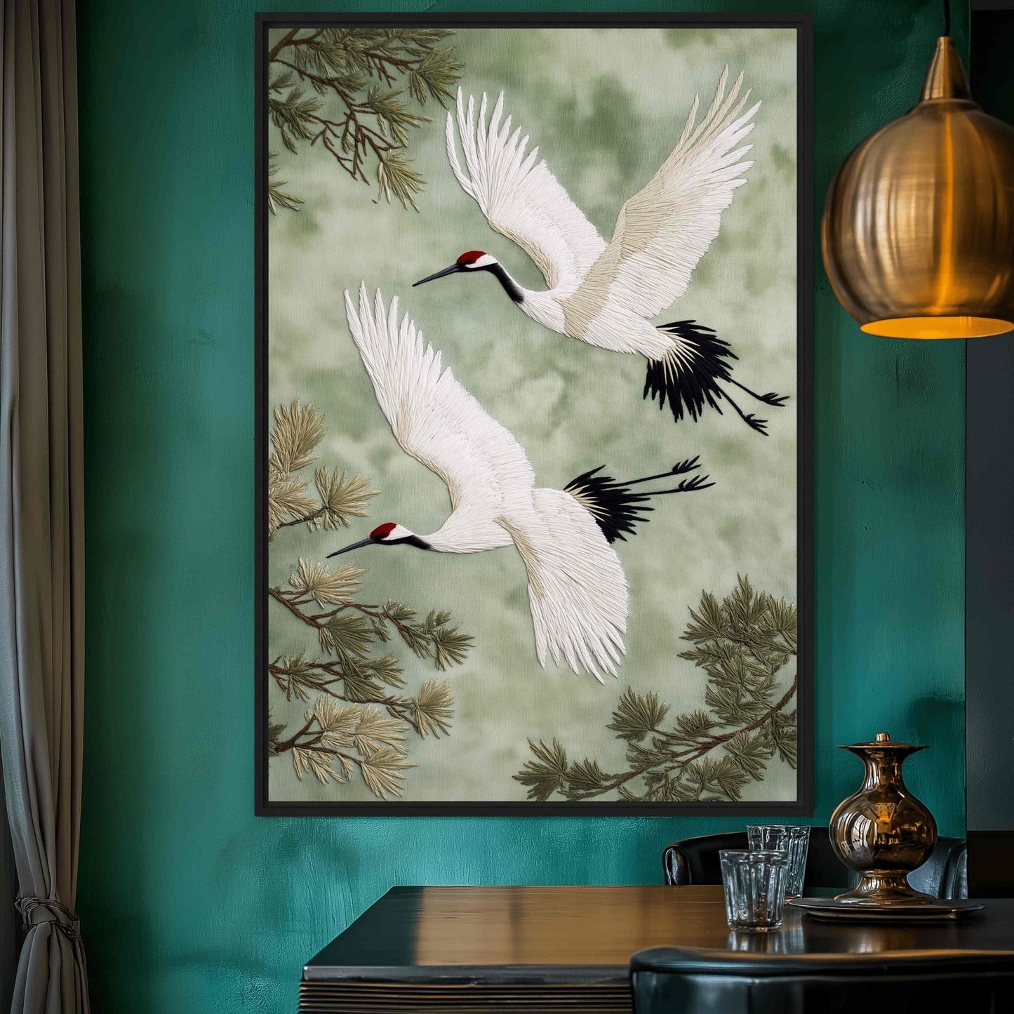 Cranes Vintage Japanese Art Framed Canvas