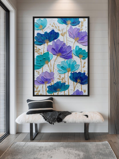 Teal Purple Floral Art Framed Canvas - PaintFu