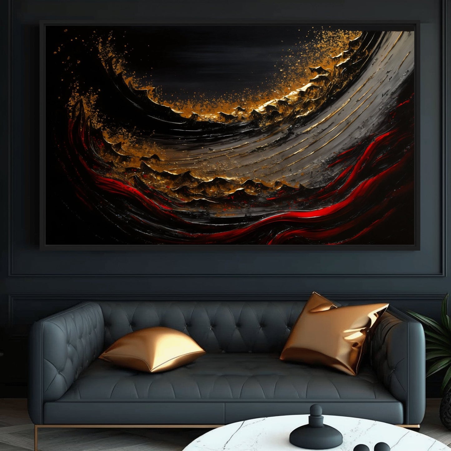 Wave Crimson Red Gold Black Luxury Art Framed Canvas