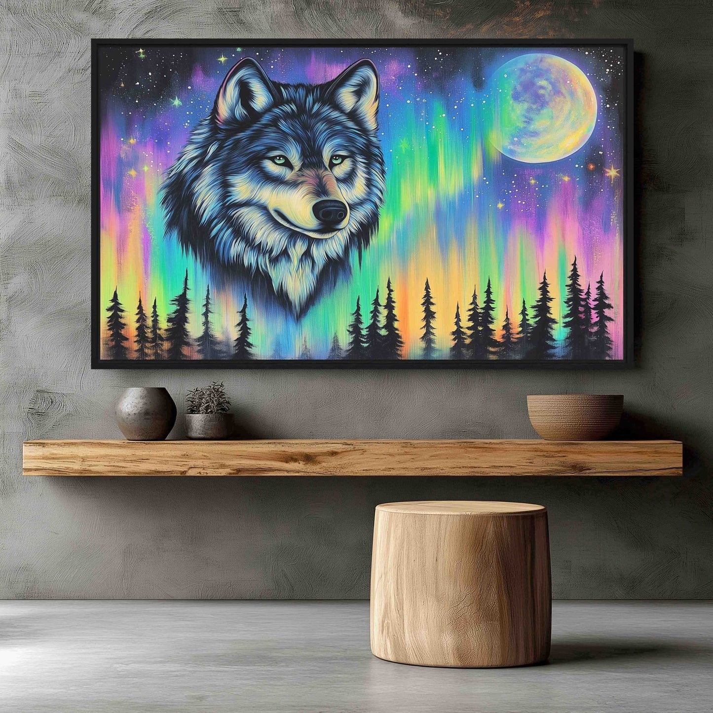 Northern Lights Wolf Wildlife Art Framed Canvas