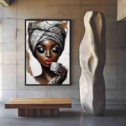 African Woman Drinking Coffee Framed Canvas - PaintFu