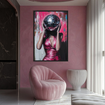 Woman Disco Ball Head Framed Canvas