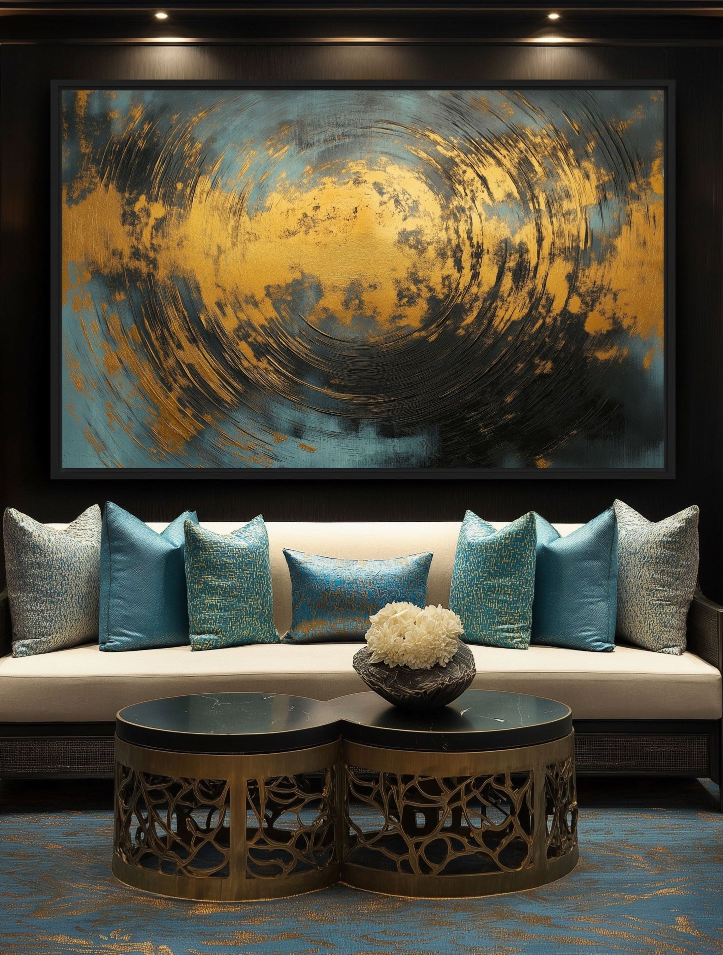 Teal & Gold Abstract Art Framed Canvas