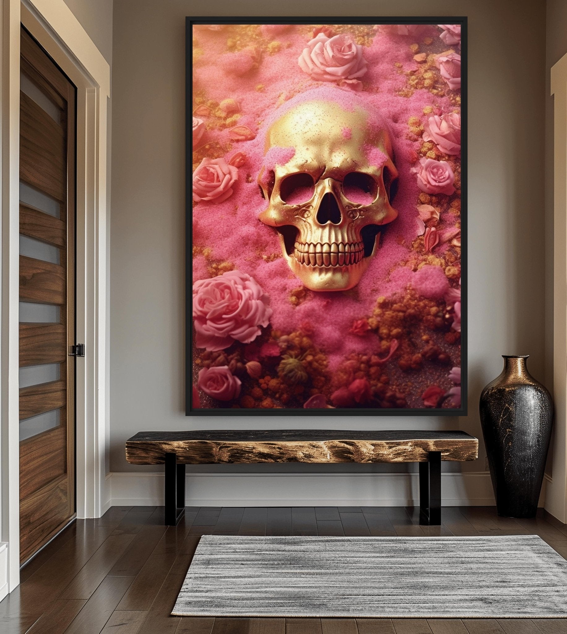Skull In Pink Flowers Framed Canvas