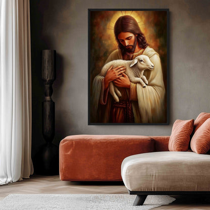 Jesus with Lamb Religious Art Framed Canvas - PaintFu
