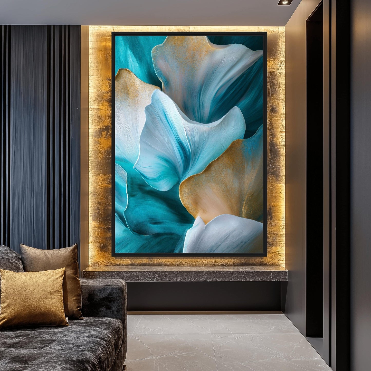 Teal Abstract Floral Art Framed Canvas