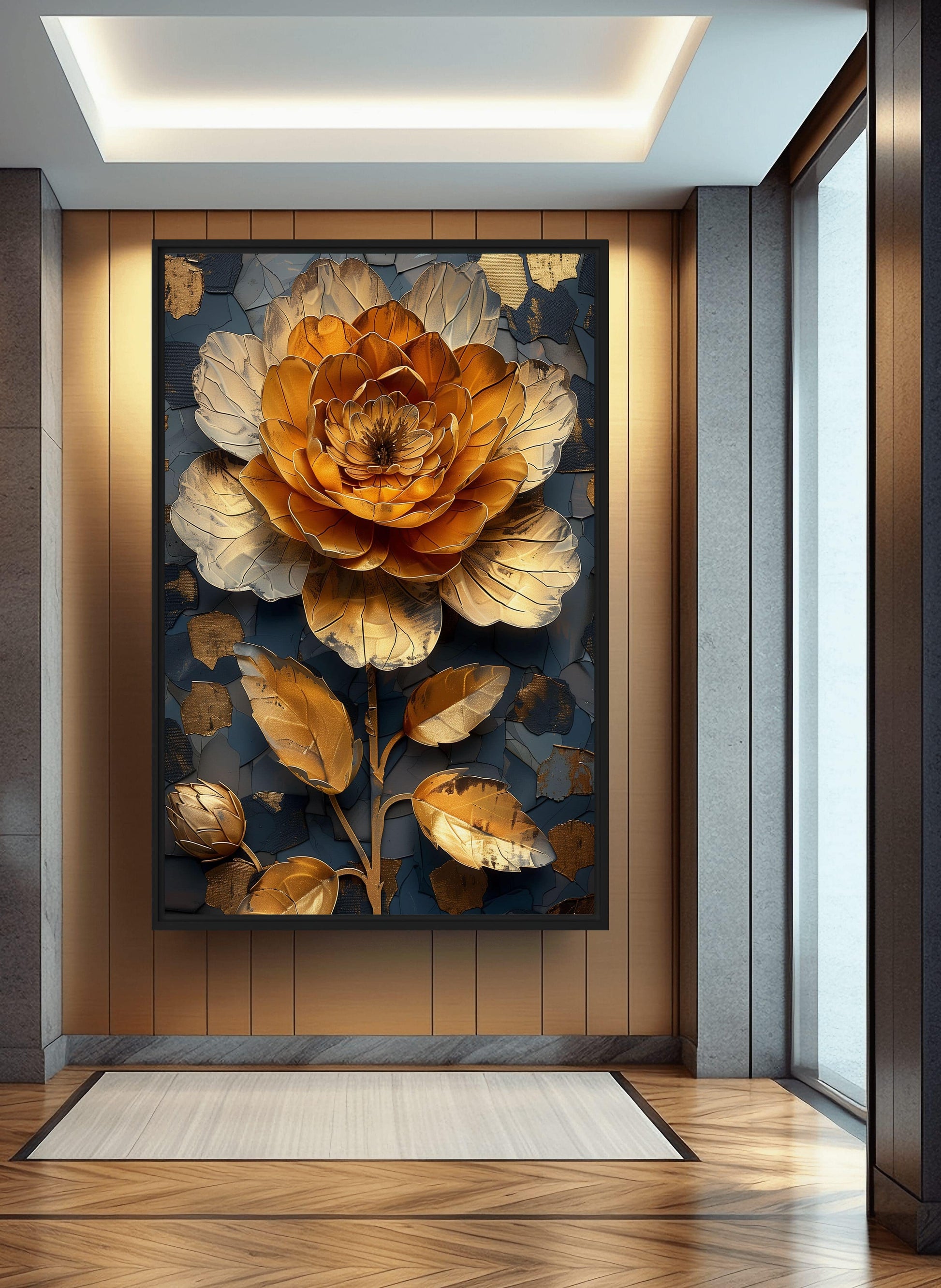 Golden Flower Floral Art Framed Canvas - PaintFu
