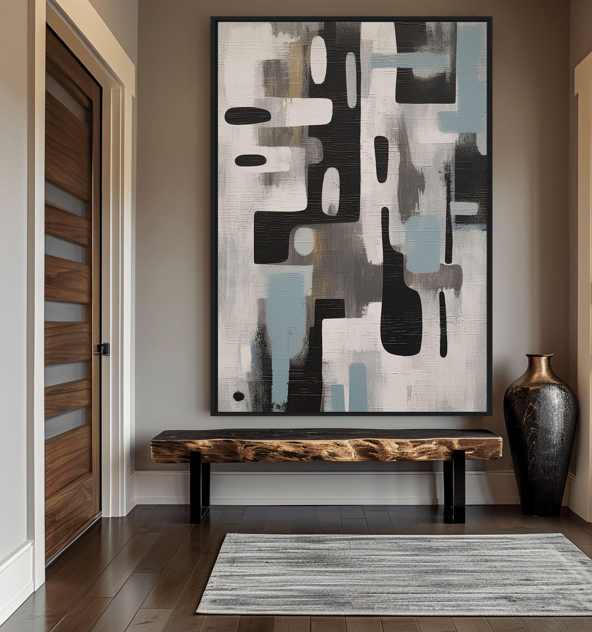Grey Black Blue Modern Art Framed Canvas