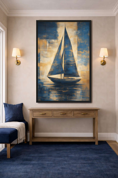 Navy Gold Sailboat Modern Art Framed Canvas - PaintFu