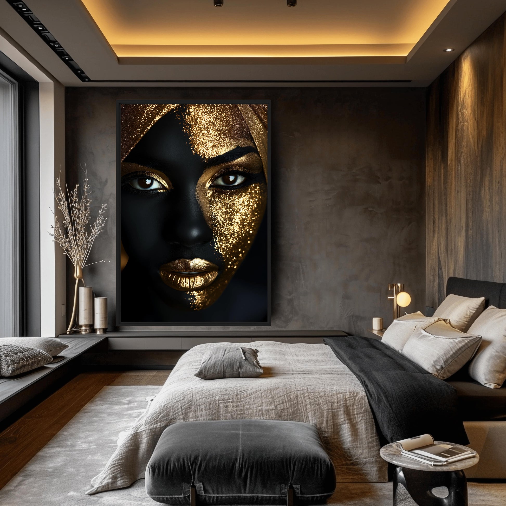 African Woman In Gold Glitter Framed Canvas - PaintFu