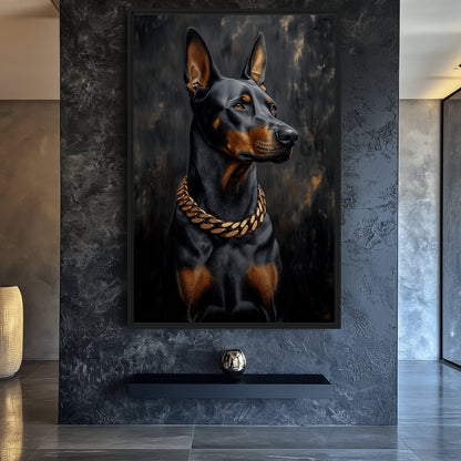 Doberman With Golden Chain Framed Canvas