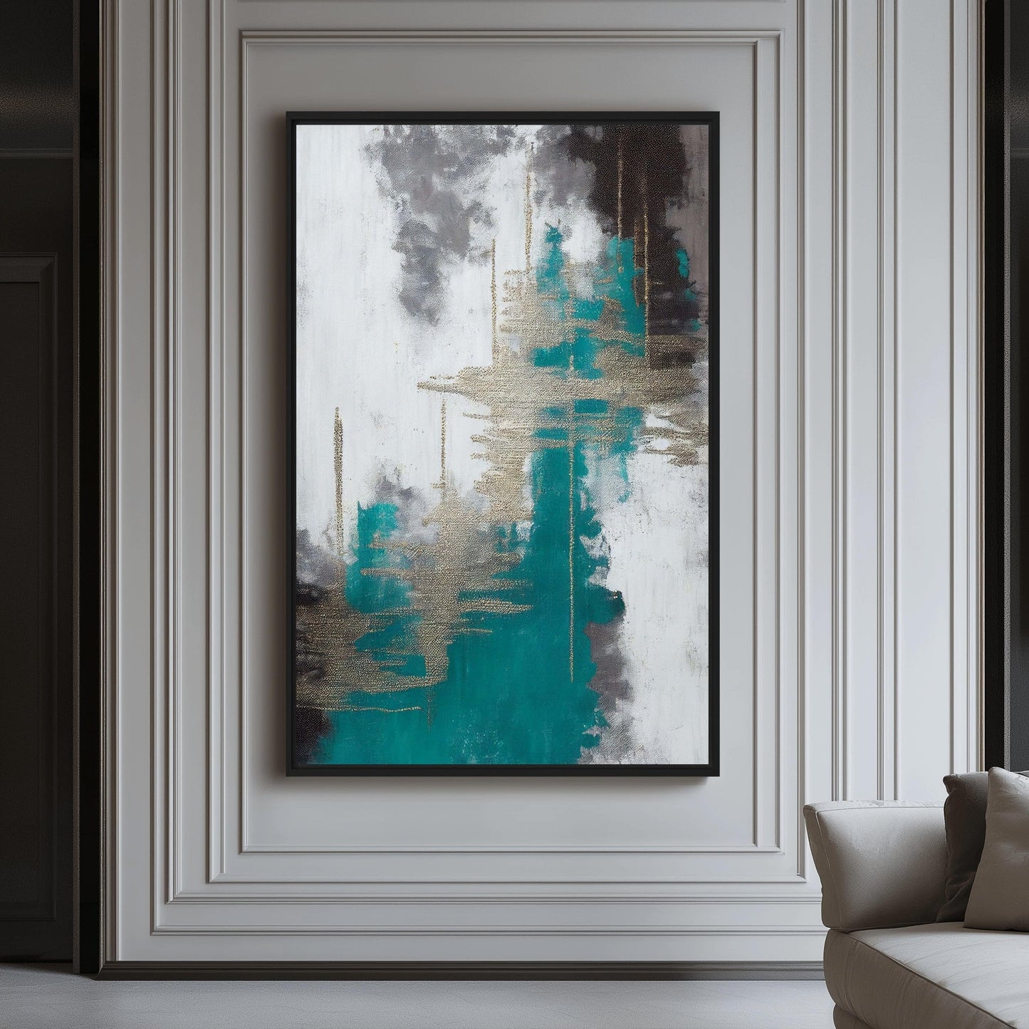 Teal White Grey Silver Modern Art Framed Canvas