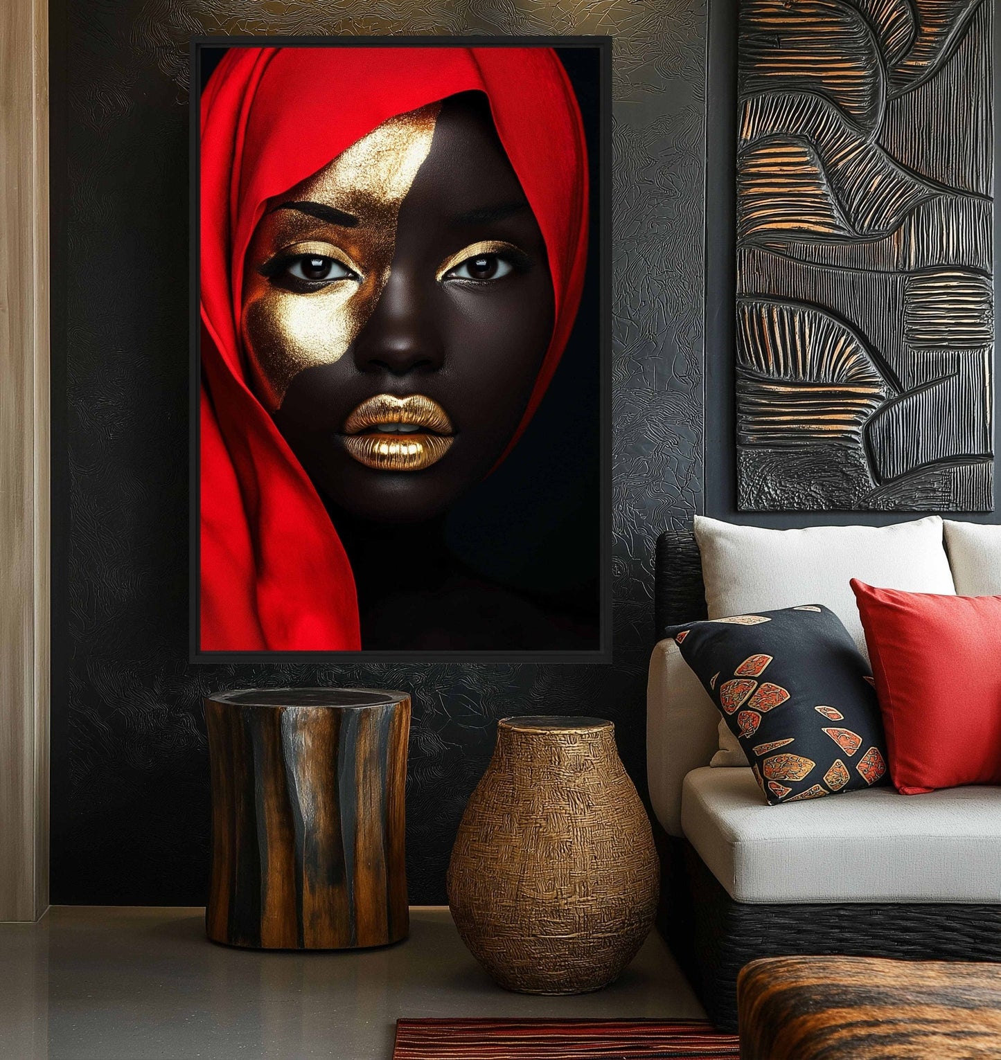Black Woman In Red Scarf Modern Art Framed Canvas