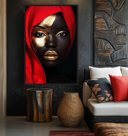 Black Woman In Red Scarf Modern Art Framed Canvas - PaintFu