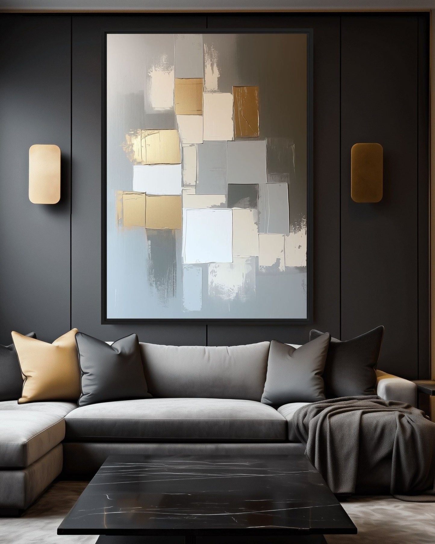 Gold Beige & Grey Geometric Art Framed Canvas