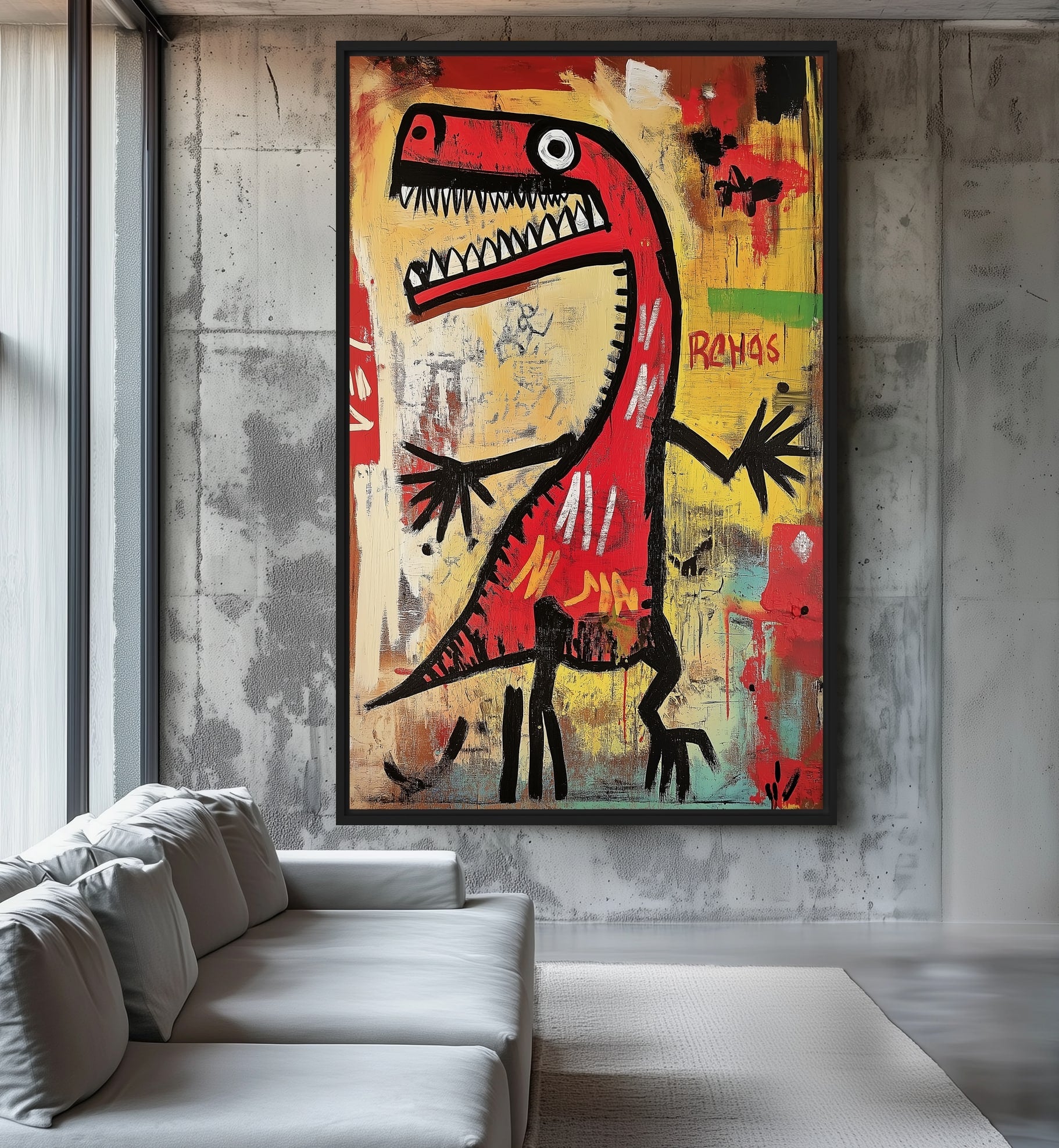 Dinosaur Basquiat Style Art Framed Canvas
