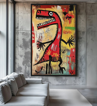 Dinosaur Basquiat Style Art Framed Canvas