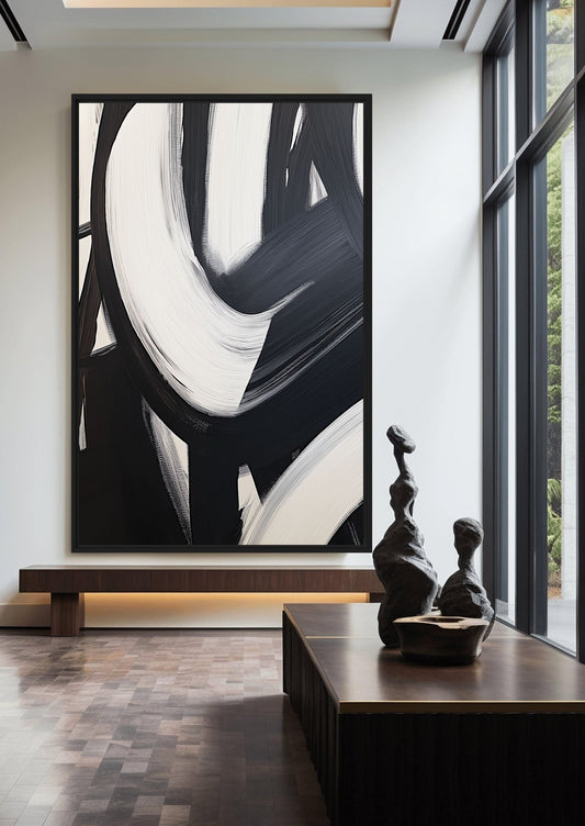 Black White Brushstroke Abstract Art Framed Canvas