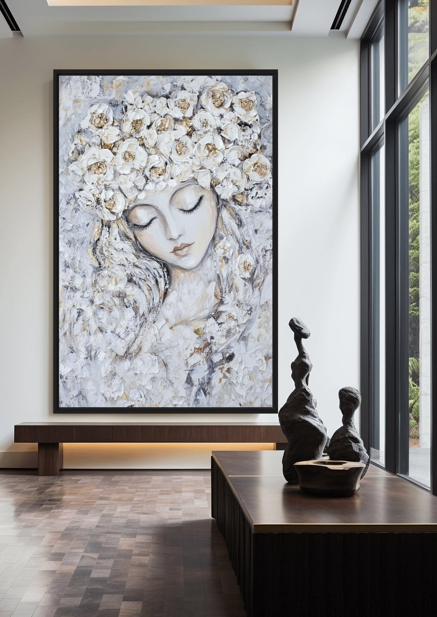 Woman Flower Head Modern Art Framed Canvas