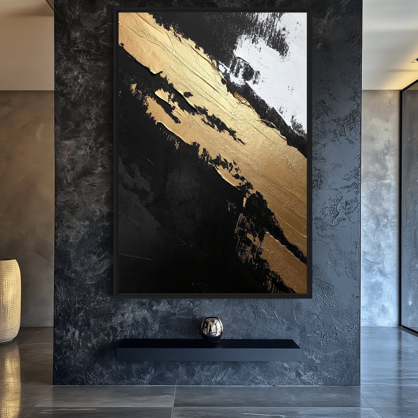Black Gold White Abstract Art Framed Canvas