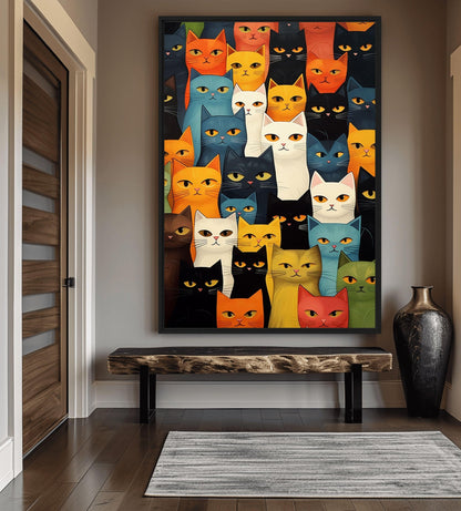 Cats Colorful Collage Famed Canvas