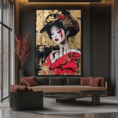 Geisha In Red Kimono Japanese Art Digital Print