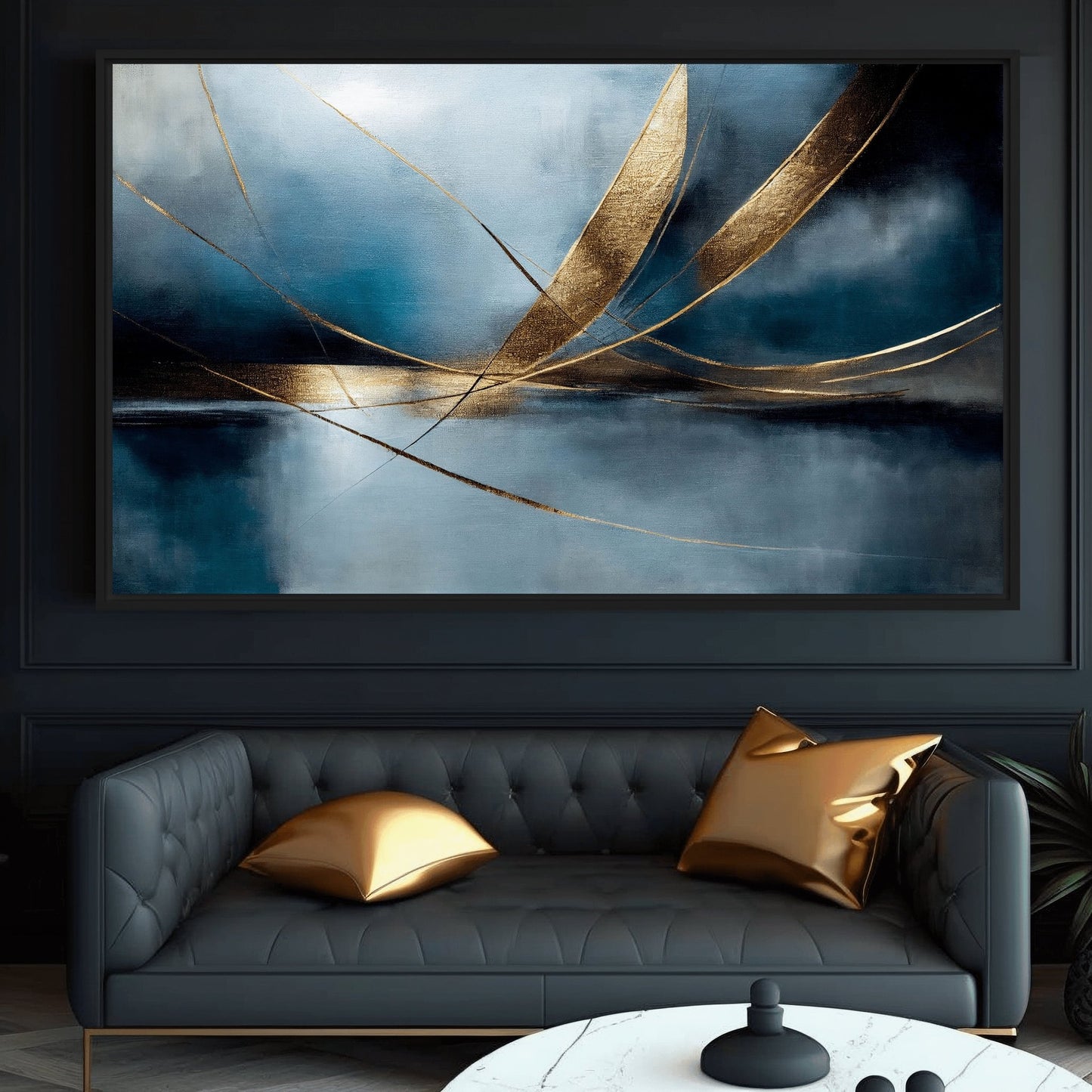 Navy Gold Abstract Art Framed Canvas