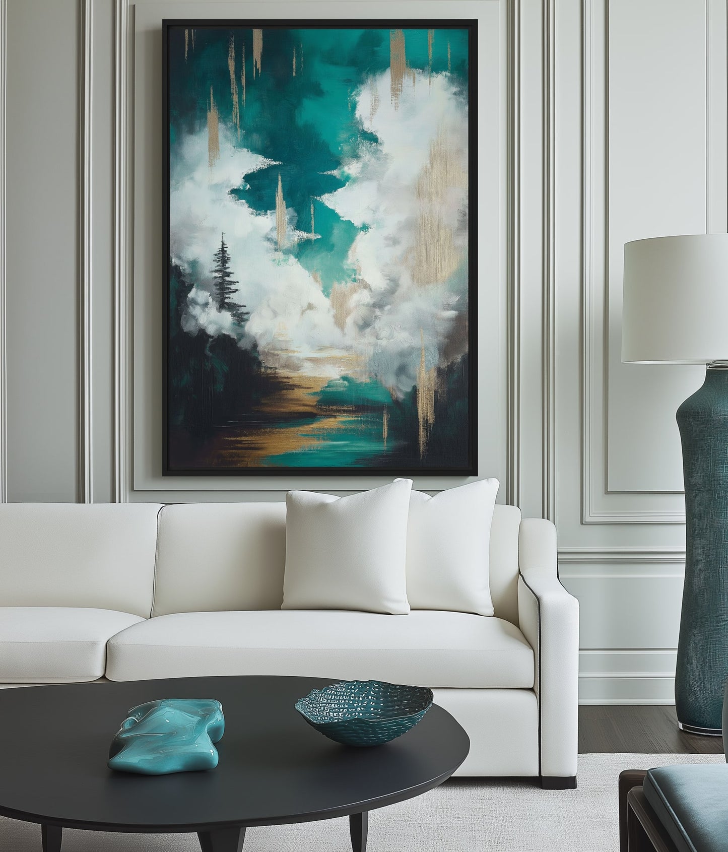 Teal & Gold Abstract Landscape Framed Canvas