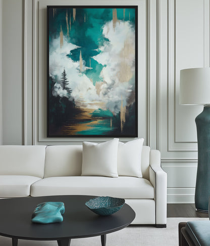 Teal & Gold Abstract Landscape Canvas Print Detail | PaintFu