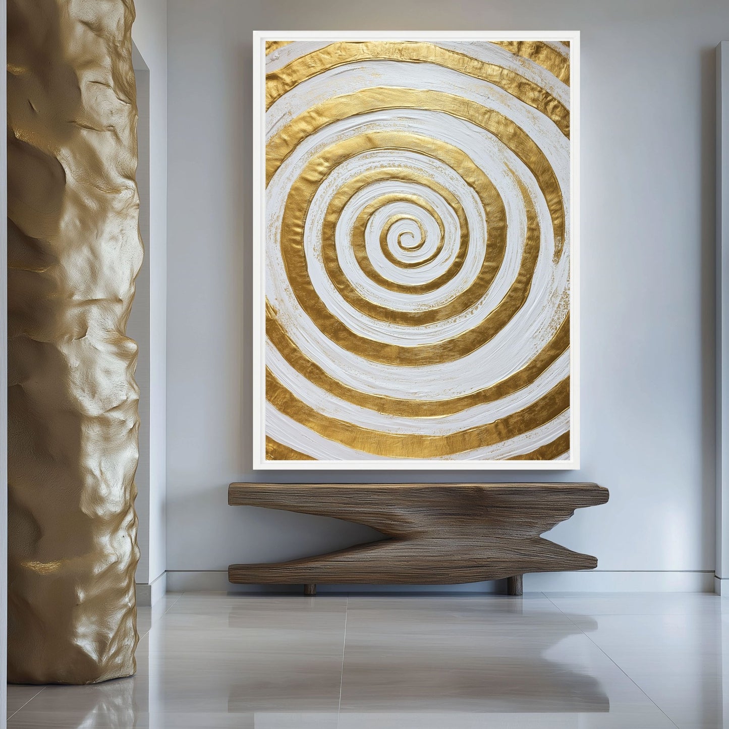 Gold & White Spiral Modern Art Framed Canvas
