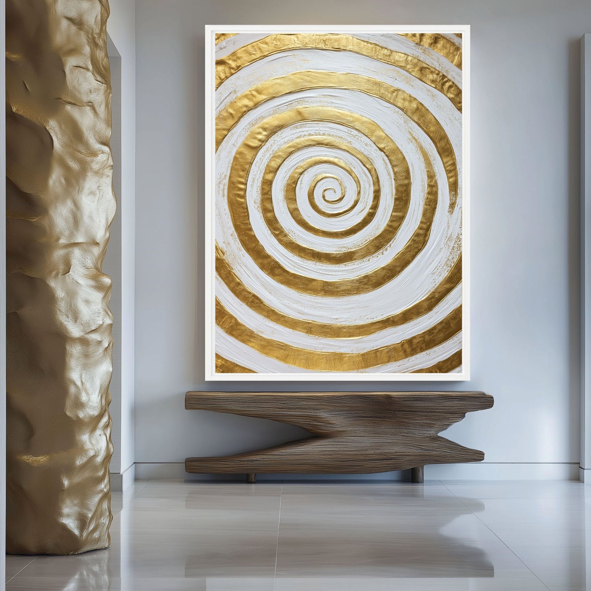 Gold & White Spiral Modern Art Framed Canvas