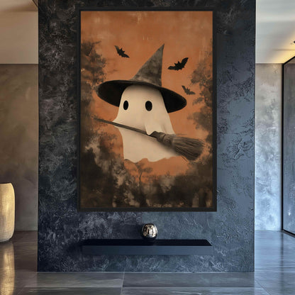 Cute Ghost In A Witch Hat Canvas Print Detail | PaintFu
