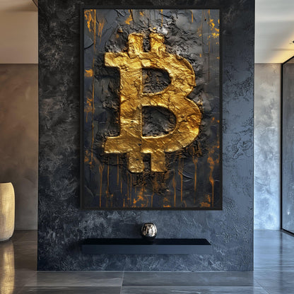 Bitcoin Black Gold Impasto Art Framed Canvas