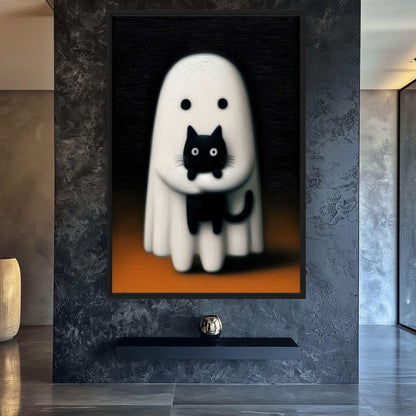 Cute Ghost With Black Cat Canvas Print Detail | PaintFu
