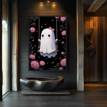 Cute Ghost On A Swing Canvas Print Detail | PaintFu