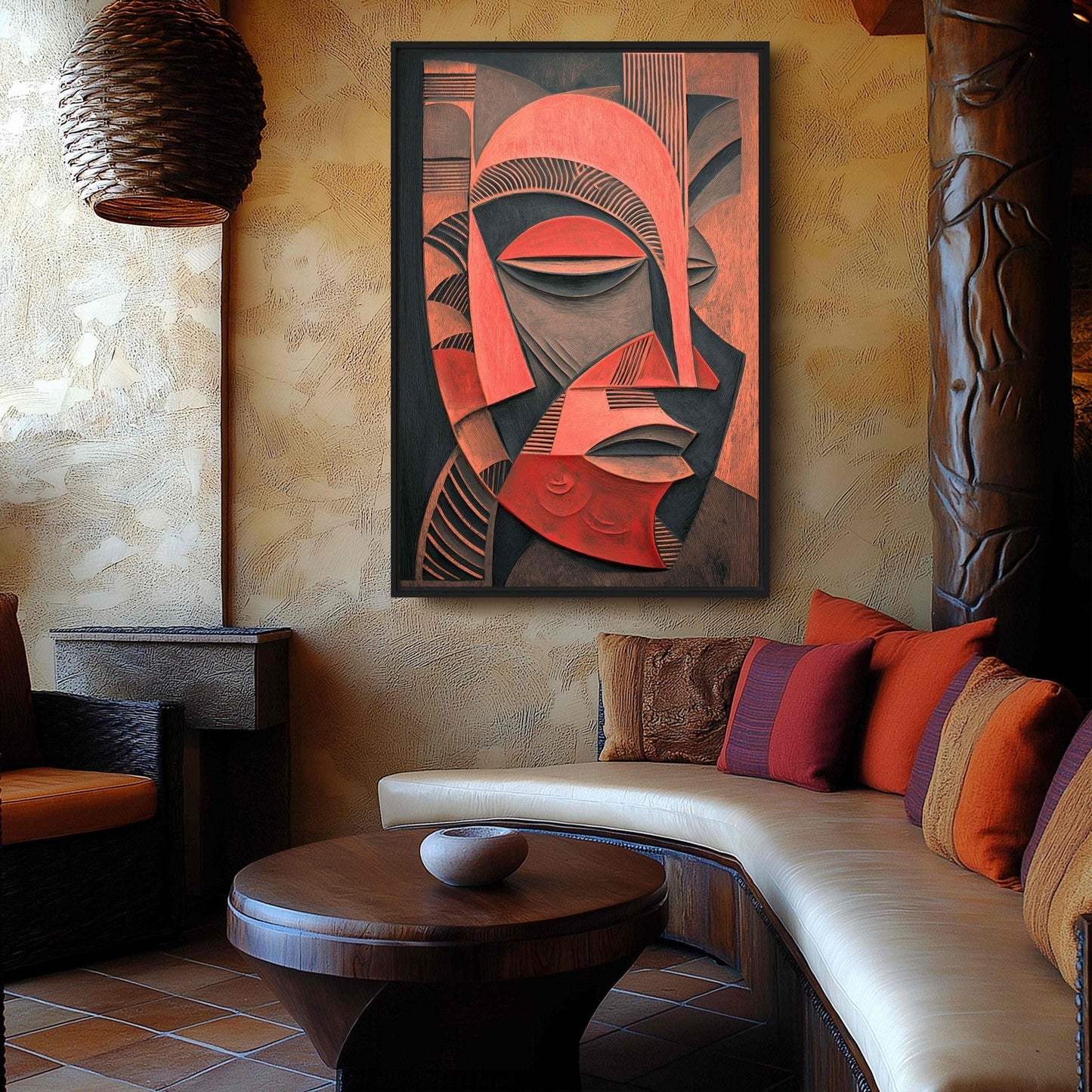 African Mask Folk Art Framed Canvas