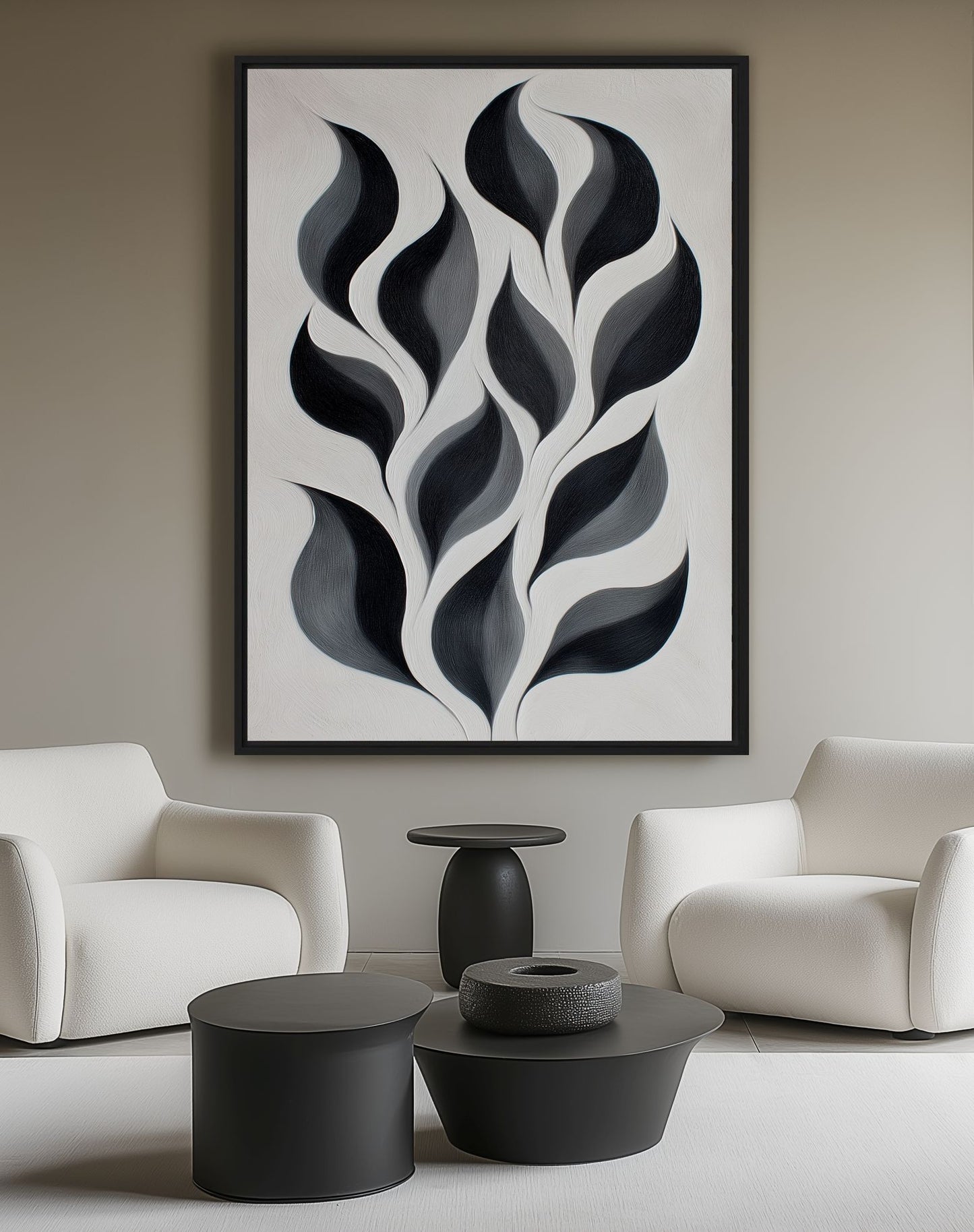 Monochrome Leaves Abstract Art Framed canvas - PaintFu