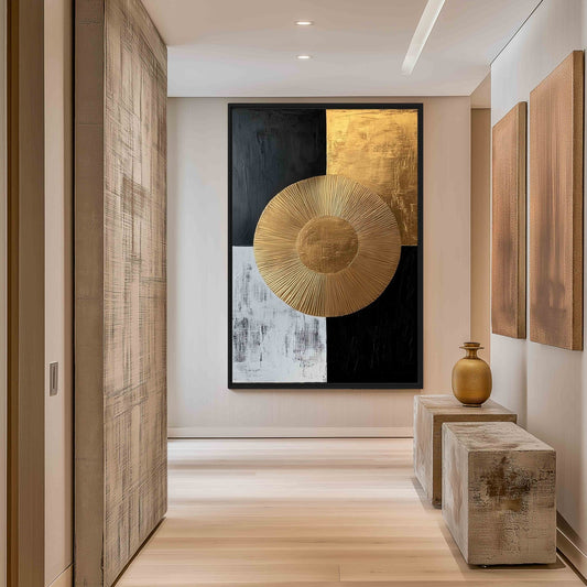 Gold Abstract Sun Framed Canvas - PaintFu