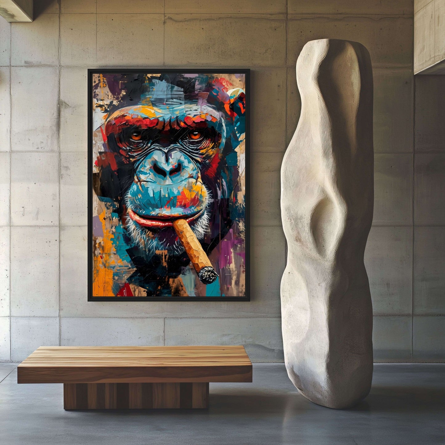 Monkey With Cigar Graffiti Art Framed Canvas