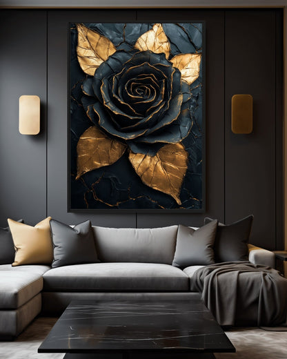 Black & Gold Rose Floral Art Digital Print