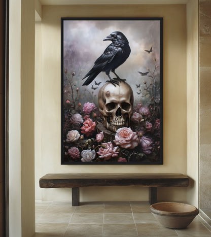 Raven & Skull Gothic Art Framed Canvas - PaintFu