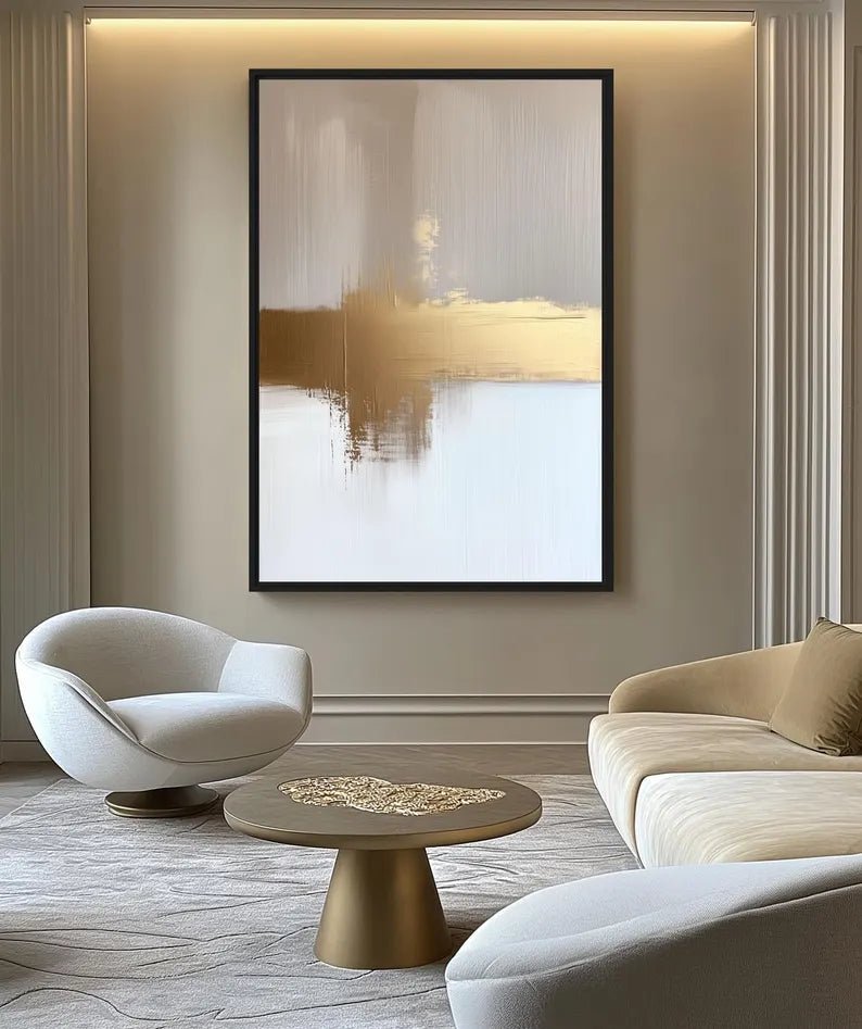 Beige White Gold Minimalist Art Framed Canvas - PaintFu