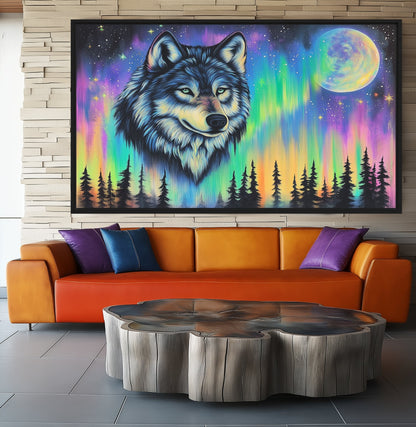Northern Lights Wolf Wildlife Art Framed Canvas - PaintFu