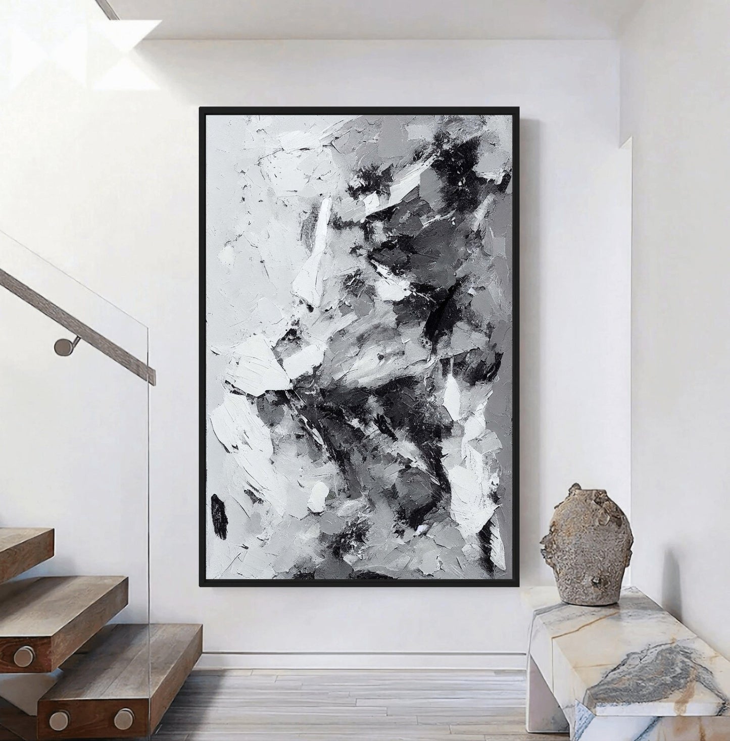 Grey White Black Modern Art Framed Canvas